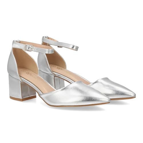 99412 Zapato de Tacon Medio para Mujer con Diseno Elegante y Punta Fina, Cierre de Hebilla. Tacon Ancho y Comodo, Ideal Diario u Ocasiones Especiales. Talon Cerrado. Plata Talla 38