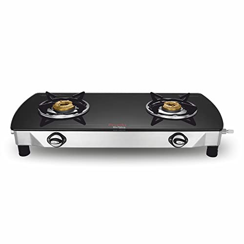 Preethi Bluflame Streak Plus Glass Top 2 Burner Gas Stove, with Jumbo Burner, Manual Ignition, Black