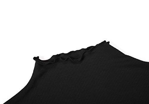 image for POPZONE Women's Black Ribbed Lettuce Trim Mockneck Long Sleeve Tops Ba