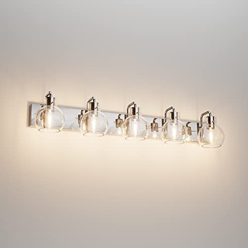 Image of Tipace 5 Lights Stainless Steel Modern Bathroom Vanity Light Fixtures Over Mirror Chrome Industrial Vanity Lights with Globe Clear Glass Farmhouse Bath Lighting(Exclude Bulb)