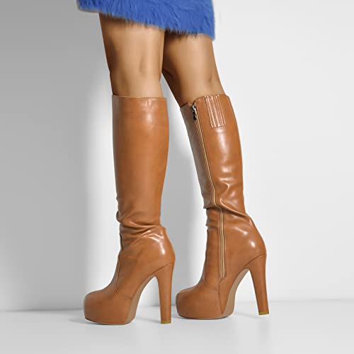 Image of richealnini Women's Low Platform Block High Heel Knee High Boots with Zipper