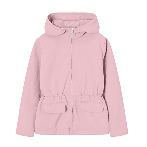 Betusline Girls' Hooded Rain Jacket Waterproof Lightweight with Grid Pattern