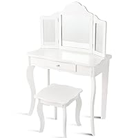 Maxmass Kids Vanity Table and Stool, 2-in-1 Wooden Dressing Table Set with Tri-folding Mirror & Drawer, Girls Makeup Dresser Desk for Children