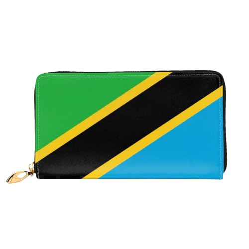 TYUMHTanzania Flag Leather long clutch wallet with 12 card slots and 3 full pockets for cash, designed for fashionable women.