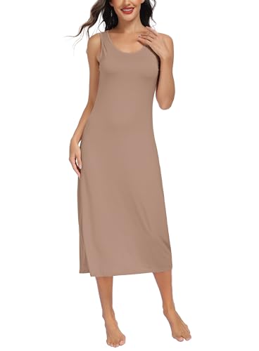 Lovasy Fond de Robe Longue Lingerie Femme en Modal sous Robe Élégant Col Rond avec Bretelles Larges Sexy Slip Chemise de Nuit Antistatique Gainant,A-Marron...