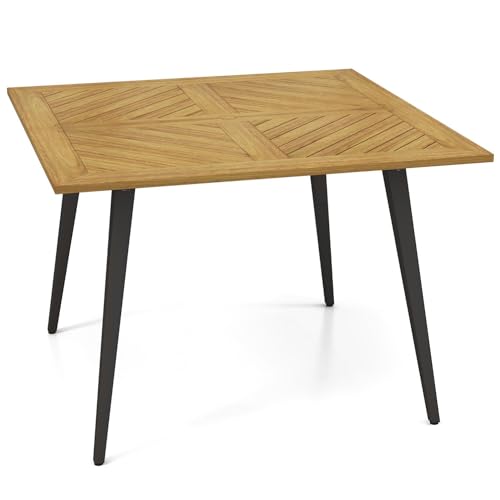 TANGZON Solid Acacia Wood Garden Table for 4/8 Person, Slatted Outdoor Dining Table with Parasol Hole, Metal Frame Desk Furniture for Patio Terrace Backyard Bistro (Slanted Legs, 107x107x75cm)