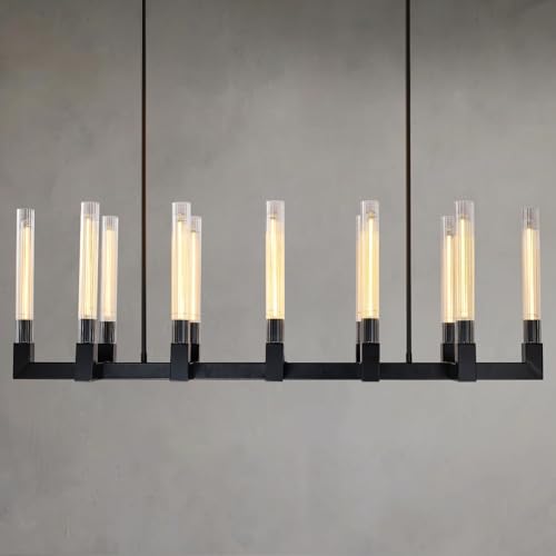 54 Inch Black Rectangular Chandeliers for Dining Room,12-Lights Modern Farmhouse Chandelier with Knurled Glass Tube,Black Copper Linear Chandeliers Dining Room Over Table Kitchen Island Pendant Light