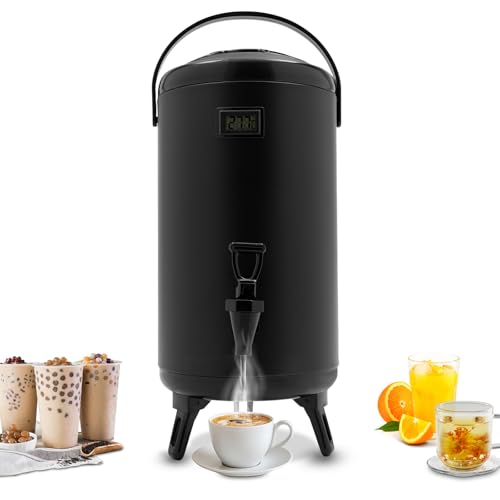 Insulated Beverage Dispenser, 12L/3.17Gal Thermal Hot and Cold Beverage Dispenser, Stainless Steel Insulated Hot Drink Dispenser with Spigot and Thermometer for Coffee & Tea,Milk,Water,Juice (Black)