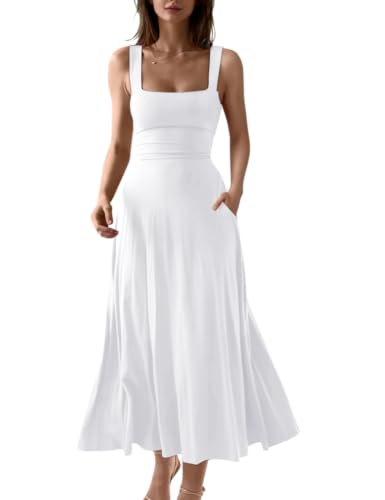OQQ Women's Elegant Sleeveless Flowy Maxi Dress with Pockets White M