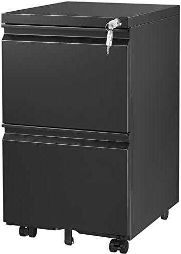 HOMEER 2 Drawer Mobile File Cabinet with Lock&Wheel, Under Desk Rolling Vertical Filing Cabinet, Anti-tilt Design Home&Office Metal Storage Drawers Filing Cabinet for Legal, Letter, A4 File, Black.