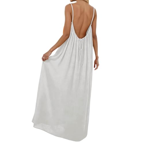 Vestidos de tirantes sin espalda para mujer 2026, vestidos de playa bohemios veraniegos con espalda abierta, elegantes vestidos casuales de línea A con escote profundo y lazos en la espalda, C-blanco