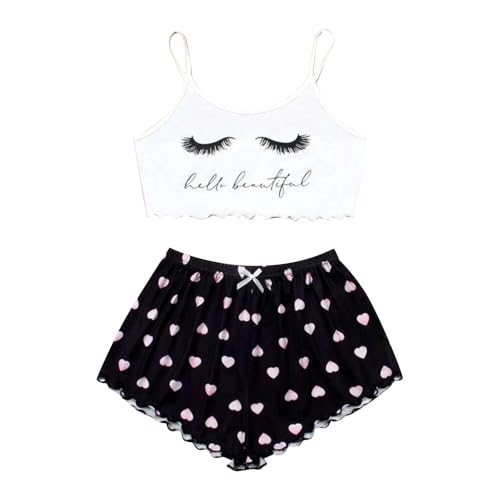 Generisch Conjunto de pijamas para mujer, camisoles, ropa de dormir, lencería con estampado bonito, ribete de ensalada, top y pantalones cortos, ropa de dormir para mujer, pijama de Navidad, Negro ,