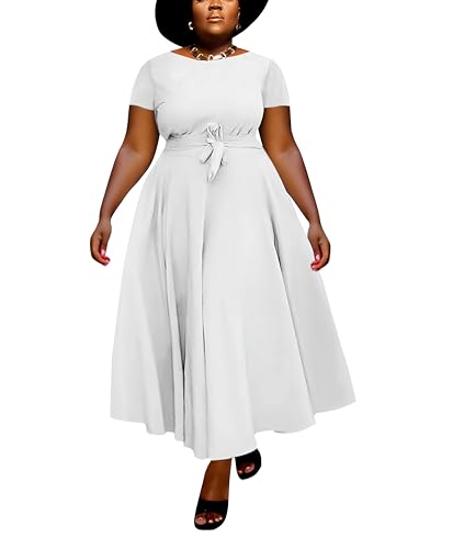 Image of Hostoyo Women Plus Size Formal A Line Maxi Dress Self Tie Waist with Pockets Elegant Round Neck Swing Long Dresses