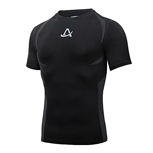 AMZSPORT Camiseta de Compresión para Hombre Camiseta de Manga Corta para Deportistas Correr Gimnasio, Negro M