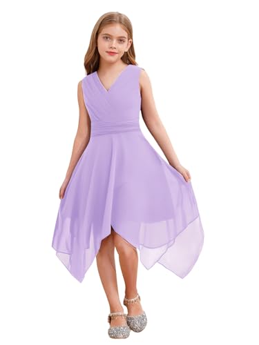 Freebily Enfant Robe de Soirée Cocktail Taille Froncée Double V Cou Asymétrique Robe Danse Ballet Fille Princesse Robes Bustier en Mousseline Doublure Satin Violet 12 Ans