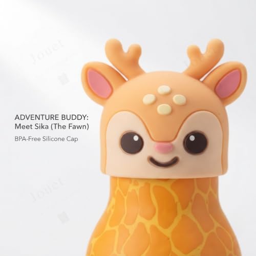 Image of JOUET 450ml Stainless Steel Kids Water Bottle with Cute Giraffe Character Lid, Leakproof Drinking Bottle for School, Travel, Sports & Everyday Use