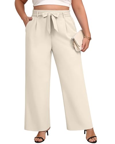Women's Plus Size Wide Leg Dress Pants High Waist Palazzo Adjustable Knot Casual Business Trousers with Pockets