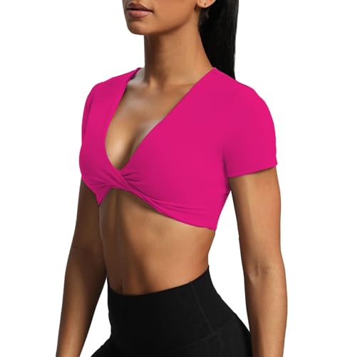 Image of Aoxjox Short Sleeve Crop Tops for Women Sienna Twist Deep V Workout Cropped T Shirt Top (Rose Red, Small)