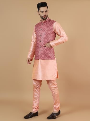 WINTAGE Men's Digital Print Cotton Silk Pink Modi Nehru Jacket & Kurta Payjama Set2