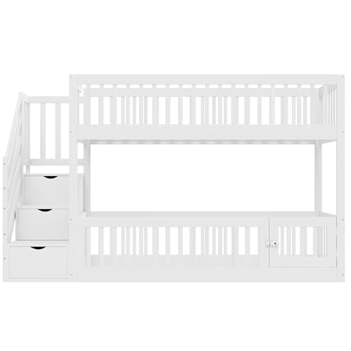 NNJN Litera de 90 x 200 cm con escalera de seguridad y cajones, cama individual de madera blanca con espacio de almacenamiento para niños, adolescentes - imagen 6
