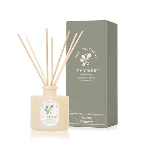 Thymes Petite Oil Reed Diffuser Set Includes Reeds Fragrance Oil & Glass Bottle Luxury Scent Diffusers for Home Decor Notes of Eucalyptus Leaf Juniper & Sandalwood (Soft Ceremony 4 fl oz)