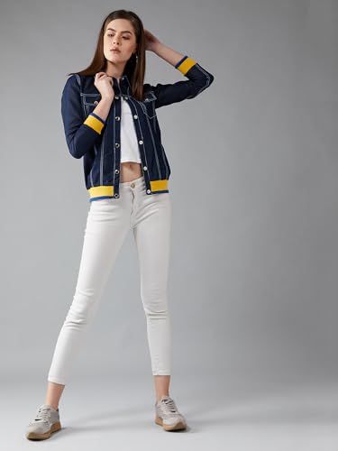 Image of Miss Chase Women's Polo Neck Full Sleeves Patch Pocket Denim Overcoat Knee-Length Jacket