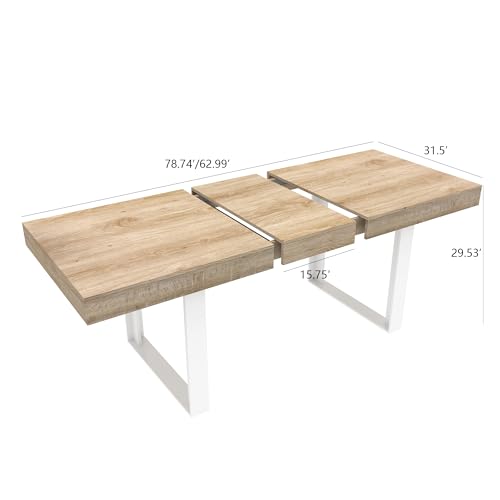 Image of 78.74 inch Extendable Dining Table for 6 8 10 Person, Farmhouse Expandable Dining Table Large Rectangle Wooden Expanding Table with White Legs for Kitchen Dining Room Conference Small Space, Oak