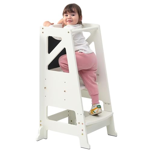 Toddler Kitchen Step Stool Toddler Standing Tower Toddler Step Stool Toddler Tower with Message Boards Safty Rail-Adjustable Kids Kitchen Step Stool for Kitchen Counter Bathroom Sink (Beige)