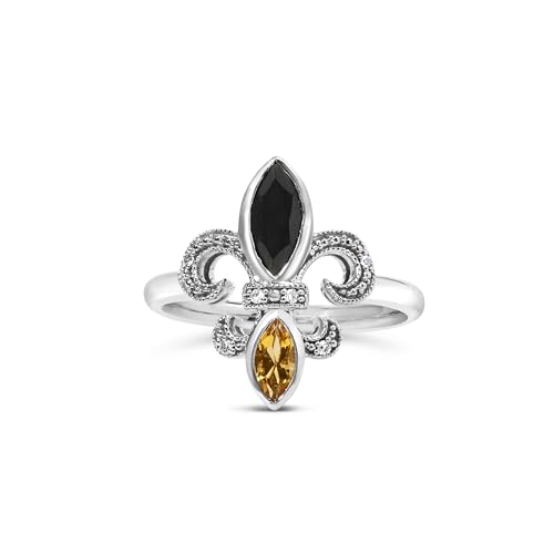 .925 Sterling Silver Black Onyx and Yellow Citrine Marquise and Diamond Accent Fleur De Lis Ring (H-I Color, SI1-SI2 Clarity) - Size 7
