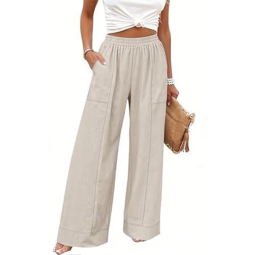 Rapbin Womens Elastic Waist Palazzo Pants Casual Wide Leg Pant Baggy Lounge Trousers with Pockets Apricot Large
