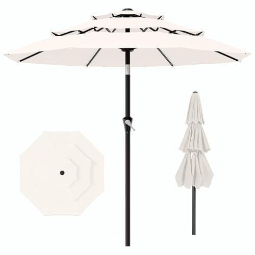 Image of AreShark 9ft 3-Tier Patio Umbrellas, Outdoor Umbrella with 8 Sturdy Ribs UV Protection Windproof, Market Table Umbrella w /Push Button Tilt & Crank for Pool, Porch, Deck, Garden(Cream White)