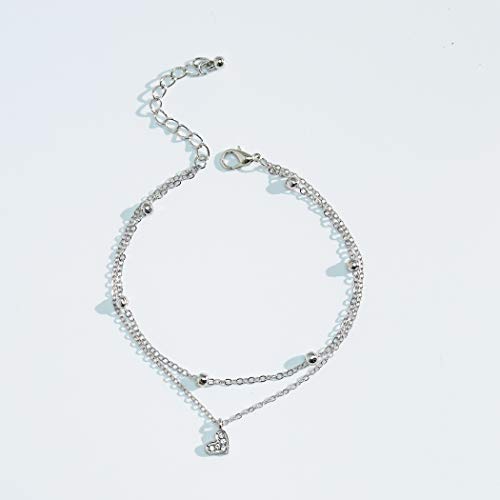Preisvergleich Produktbild Jovono Mehrschichtige Perlen Kristall Fußkettchen Silber Fußkettchen Armbänder Mode Strand Fuß Schmuck für Frauen und Mädchen (Herz 1)