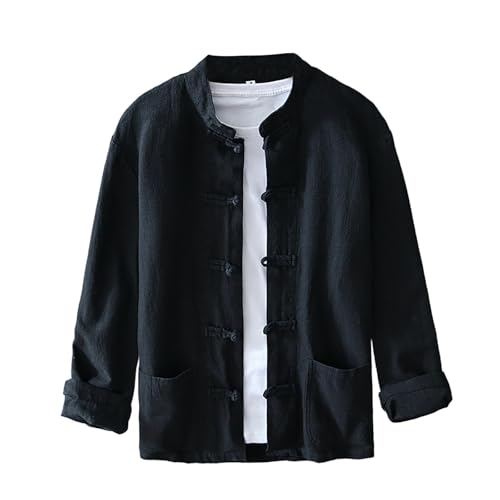 Camisa tradicional de traje Tang para hombre, uniforme de Kung Fu de manga larga, botones de rana china, tela ligera, chaqueta elegante para verano y ocasiones culturales, Negro, M