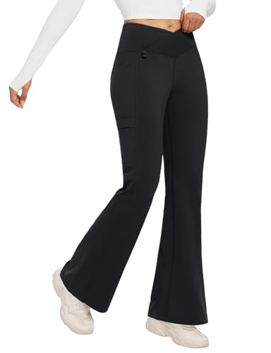 baleaf Thermo Hose Damen Thermo Leggings mit Taschen Wanderhose Wasserabweisend Bootcut Leggings Schlaghose Warm Winterhose 31 inch Schwarz L