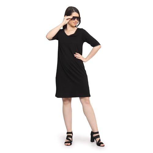 Image of Frenchtrendz Women's Cotton and Back Lace Designer V-Neck A-Line Knee Length Dress
