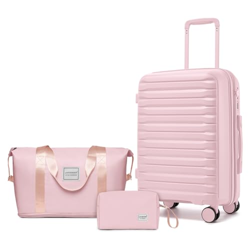 LARVENDER Luggage Sets 3 Piece Expandable Hardside PP Carry On Luggage Suitcase with 360 Spinner Wheels TSA Lock Suitcase Set for Women Men Light Pink