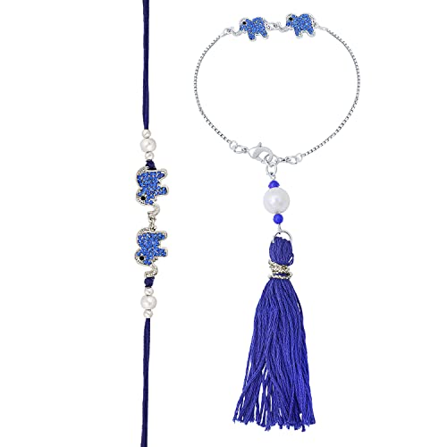Image of Mahi Rakhi for Brother and Bhabhi with Studded Crystals and Tassels (PARCOL1105521PR)