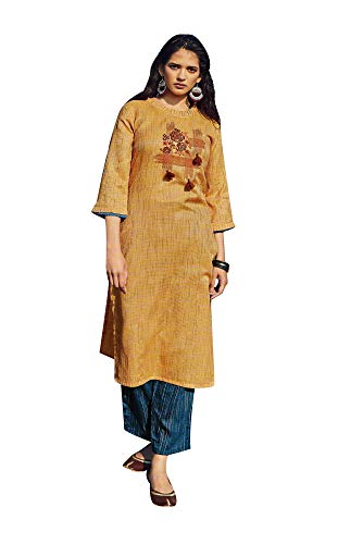 ladyline Cotton Kurtis with Straight Pants Set for Women Embroidered Indian Tunic Kurta Dress (Size-42/ Tan)