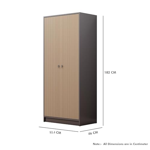 Image of Bniture Luxe 2 Door Wooden Wardrobe for Bedroom with Shelf & Lockable Drawer | Almirah for Clothes with Vertical Slatted Panels | Cupboard for Bedroom with Elevated Base | Grey & Giant Wood