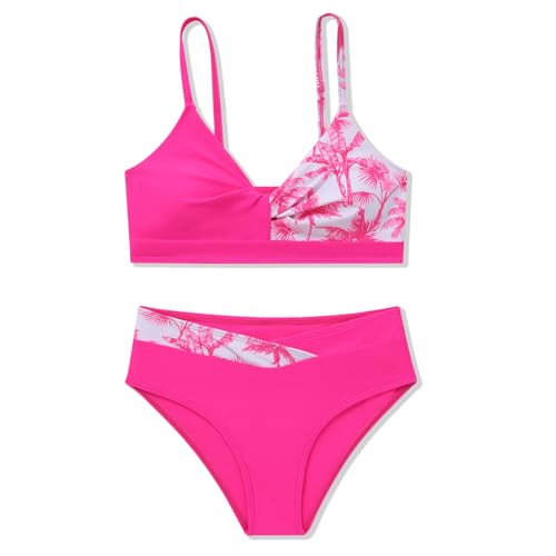 Girls 2 Piece Swimsuit Bikini Set Color Block Tropical Floral Bathing Suit Girls' Cute Swimwear