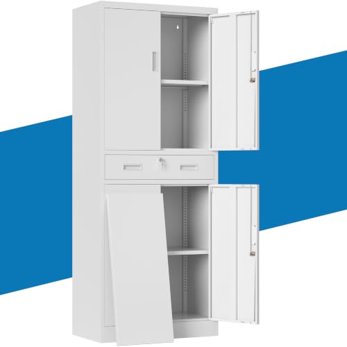 Image of Metal Storage Cabinet with Lock Door, Adjustable Shelves, 1 Drawer