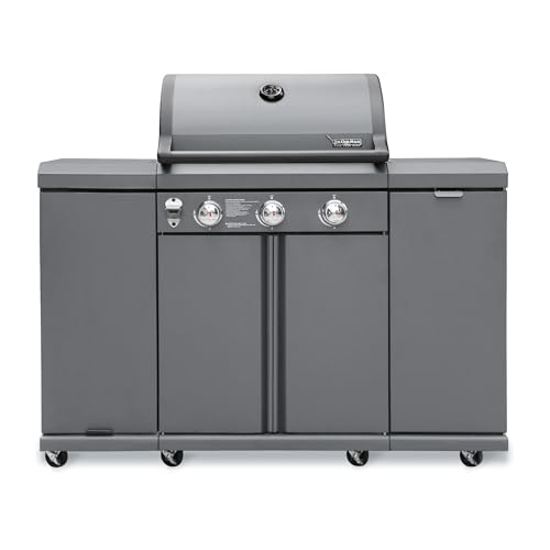 Brand-Man 3 Burner Gas Grill Kitchen Island - 30,000 BTU Stainless Steel Outdoor Kitchen BBQ Station with Fold-out Prep Table & Storage Cabinets, LPG/NG Convertible