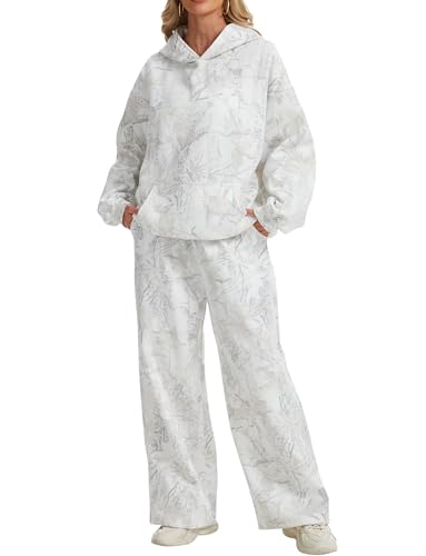 Womens 2 Piece Sweatsuits Fall Outfits Oversized Camo Hoodie Wide Leg Sweatpants Travel Lounge Matching Sweat Sets