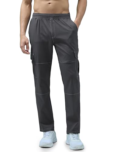 Image of TECHNOSPORT Men's Solid Straight Fit Cargo Pants TS Flexi 6 Pocket Polyester Quick Dry Elasticated Drawstring for Gym Travel Running Workout