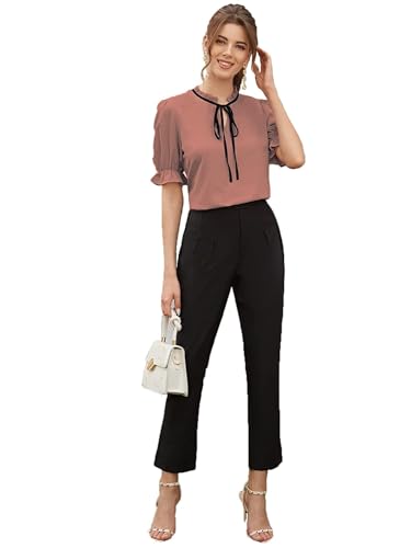 Image of Stylistico Soft Polyester Formal Stylish tie-up Office Solid Western Summer Short v-Neck Casual Plain Puff Half Sleeves Tops for Women Latest