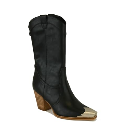 Western Metal Toe Boots for Women Cowgirl Boots Mid Calf Boots Stacked Heel Back Zipper Boots Cowboy Boots