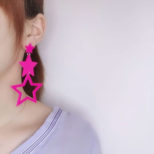 Multilayer Acrylic Big Star Dangle Drop Earrings For Women Girls, Colorful Neon Geometric Pentagram Long Tassel Earrings Y2K 80S Party Charm Jewelry Hot Pink #TOP5