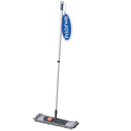 Image of Primeway Chenille Microfibre Flat Mop | All Floor Surfaces Cleaning | Wet & Dry | Rotating Mop Head 43x14cm | Long Extendable Telescopic Iron Handle | 72~120cm | Gray