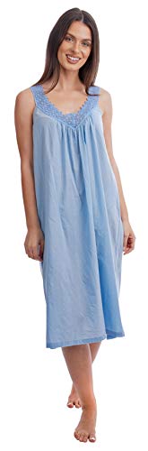 i-Smalls Ladies Crochet Lace Pleated Summer Lightweight Sleeveless 100% Soft Cotton Long Nightdress (Blue V Neck) L