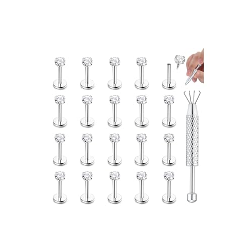 CASSIECA 20 Pièces 16G Hypoallergénique en Acier Inoxydable Goujons à Lèvres Labret Piercing avec 3mm CZ Cartilage Tragus Helix Monroe Piercing Stud Bijoux...